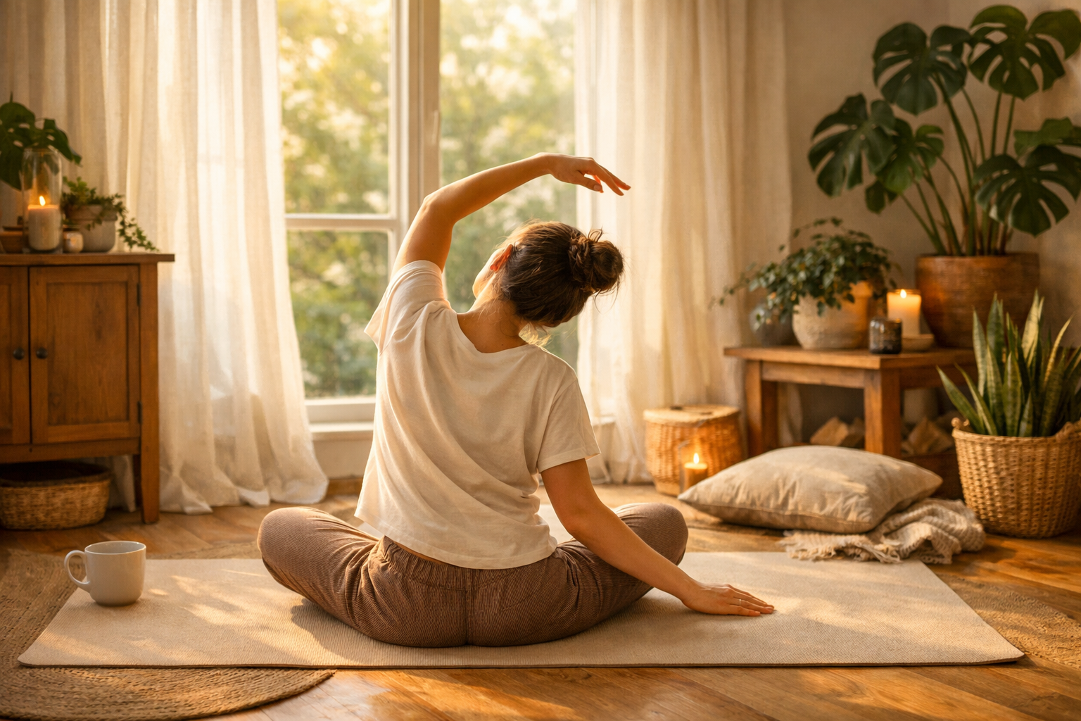Peaceful morning scene with a person doing gentle stretches on a yoga mat near a window with natural light, plants in the background, warm neutral tones, calm and inviting atmosphere