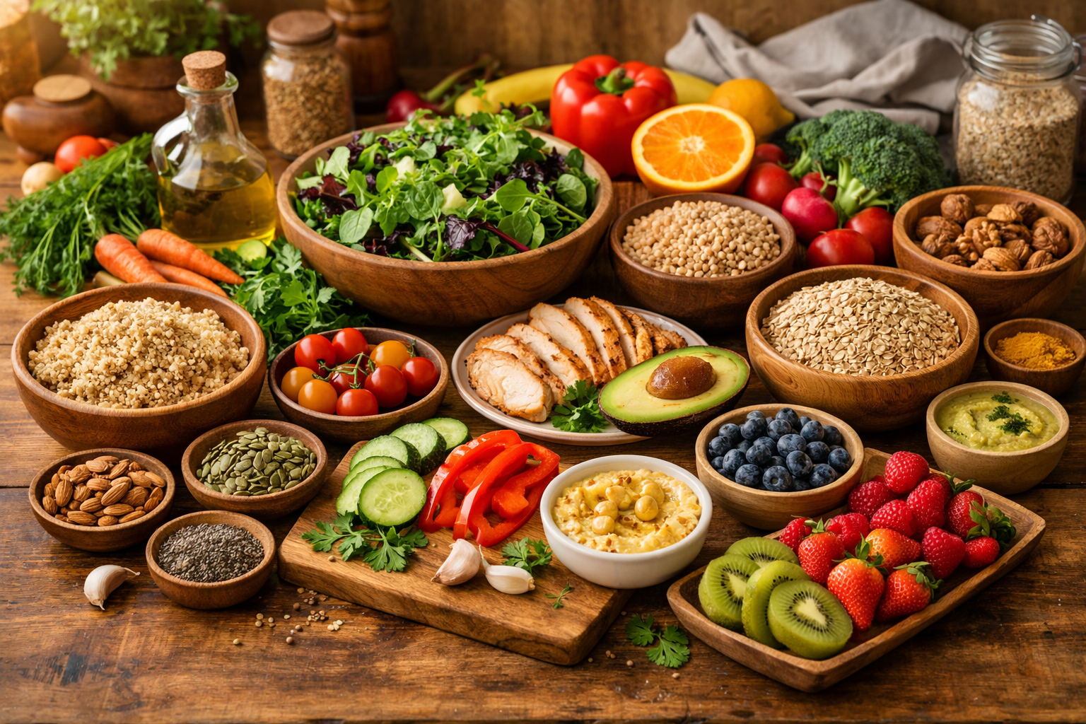 Colorful healthy meal preparation scene with fresh vegetables, fruits, whole grains, and nuts on a wooden table, natural kitchen setting, warm lighting, vibrant and inviting composition